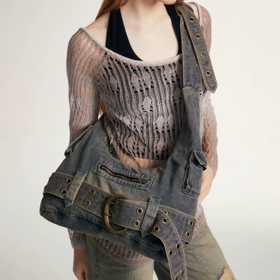 Crüde Denim Shoulder Tote Bag