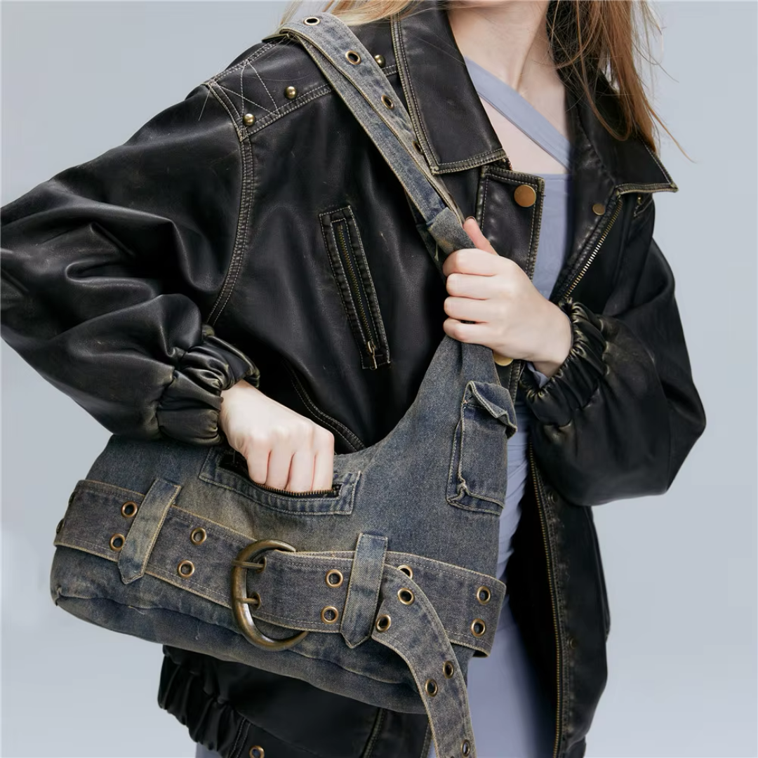 Crüde Denim Shoulder Tote Bag