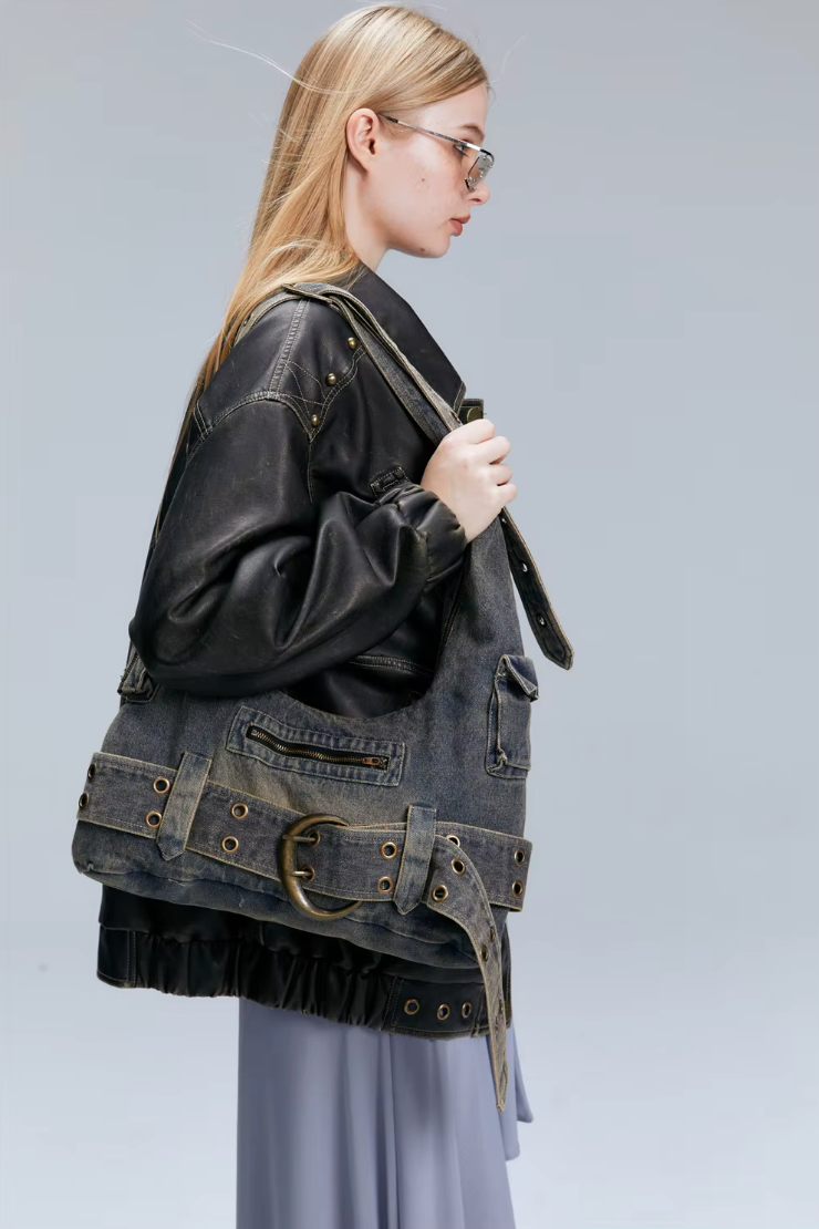 Crüde Denim Shoulder Tote Bag