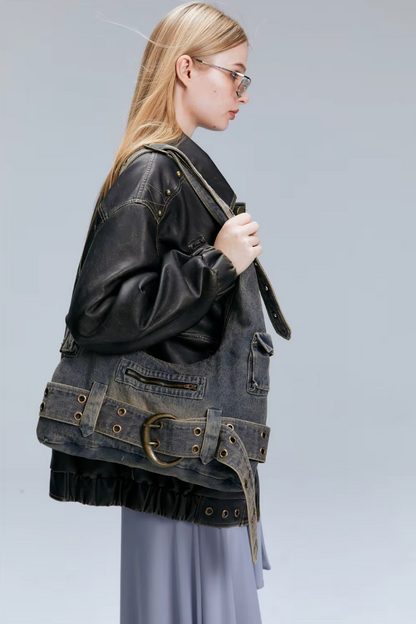 Crüde Denim Shoulder Tote Bag